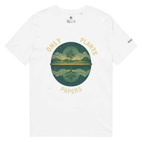 As Above, Only Plants Below Organic Tee in White, front view, Only Plants Papers